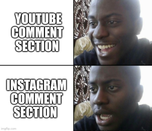 Socials comment section | YOUTUBE COMMENT SECTION; INSTAGRAM COMMENT SECTION | image tagged in happy / shock,memes,youtube,instagram,comment section,funny | made w/ Imgflip meme maker