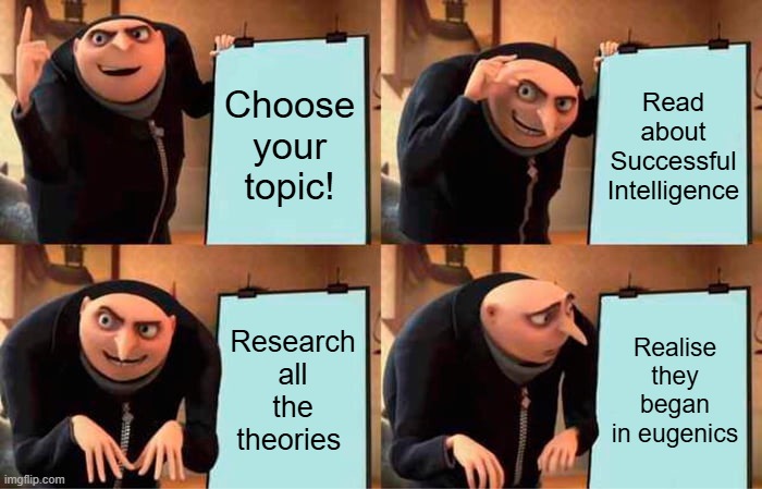 Theories of Intelligence | Choose your topic! Read about Successful Intelligence; Research all the theories; Realise they began in eugenics | image tagged in memes,gru's plan | made w/ Imgflip meme maker