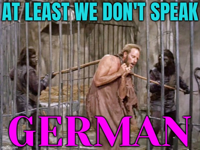 ''At least we don't speak German'' | AT LEAST WE DON'T SPEAK; GERMAN | image tagged in planet of the apes,hitler downfall,world war 2,world war 3,germany,evolution | made w/ Imgflip meme maker