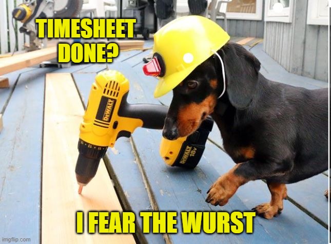 Dashund timesheet reminder | TIMESHEET 
DONE? I FEAR THE WURST | image tagged in dashund timesheet reminder,timesheet meme,dashund,i fear the wurst,funny memes | made w/ Imgflip meme maker