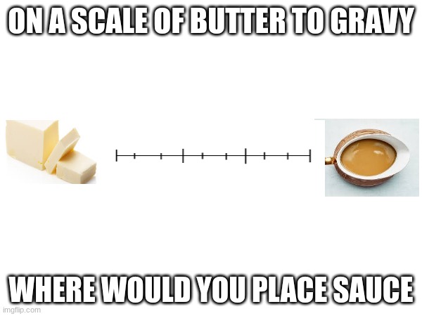 True fury | ON A SCALE OF BUTTER TO GRAVY; WHERE WOULD YOU PLACE SAUCE | image tagged in food | made w/ Imgflip meme maker