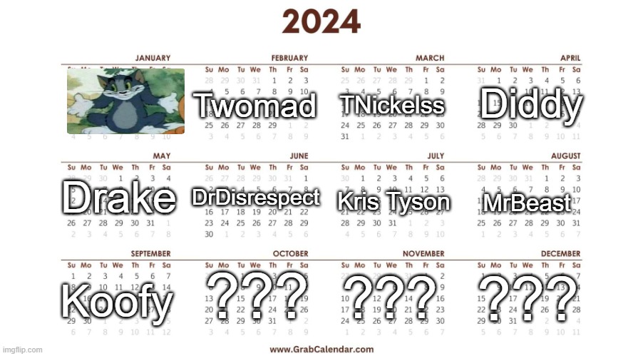 everyone who got exposed in 2024 so far | Diddy; TNickelss; Twomad; DrDisrespect; MrBeast; Kris Tyson; Drake; Koofy; ??? ??? ??? | made w/ Imgflip meme maker