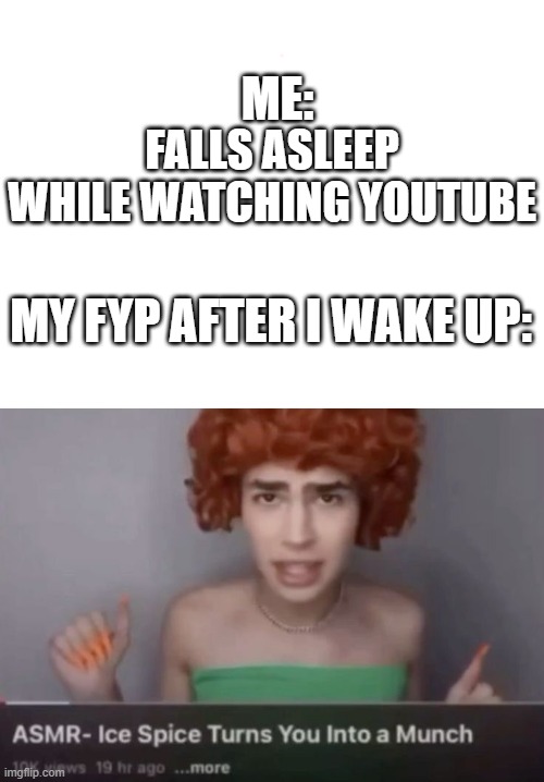 Grah | ME:; FALLS ASLEEP WHILE WATCHING YOUTUBE; MY FYP AFTER I WAKE UP: | image tagged in funny memes | made w/ Imgflip meme maker