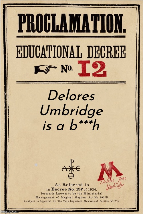 she really is | Delores Umbridge is a b***h | image tagged in proclamation,harry potter | made w/ Imgflip meme maker