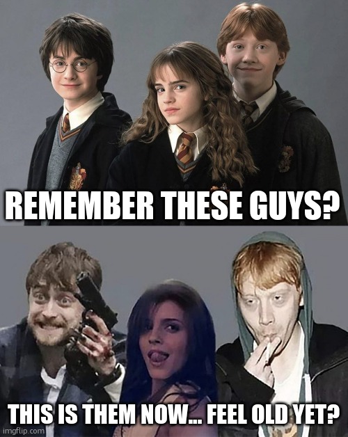 Harry Potter Hermione Granger Ron Wesley | REMEMBER THESE GUYS? THIS IS THEM NOW... FEEL OLD YET? | image tagged in harry potter hermiona granger ron wesley,feel old yet | made w/ Imgflip meme maker