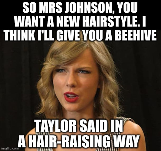 Taylor Swiftie | SO MRS JOHNSON, YOU WANT A NEW HAIRSTYLE. I THINK I'LL GIVE YOU A BEEHIVE TAYLOR SAID IN A HAIR-RAISING WAY | image tagged in taylor swiftie | made w/ Imgflip meme maker