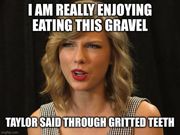 Taylor Swiftie | I AM REALLY ENJOYING EATING THIS GRAVEL TAYLOR SAID THROUGH GRITTED TEETH | image tagged in taylor swiftie | made w/ Imgflip meme maker