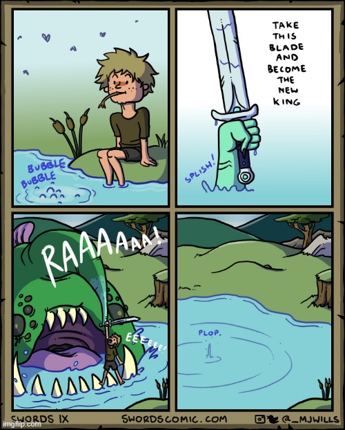 image tagged in sword,pond,king,monster,trap,plop | made w/ Imgflip meme maker