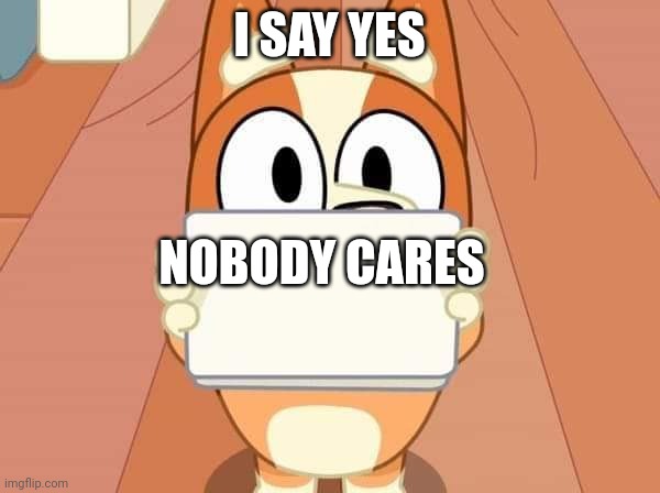 Very funny... | I SAY YES; NOBODY CARES | image tagged in bingo's sign | made w/ Imgflip meme maker