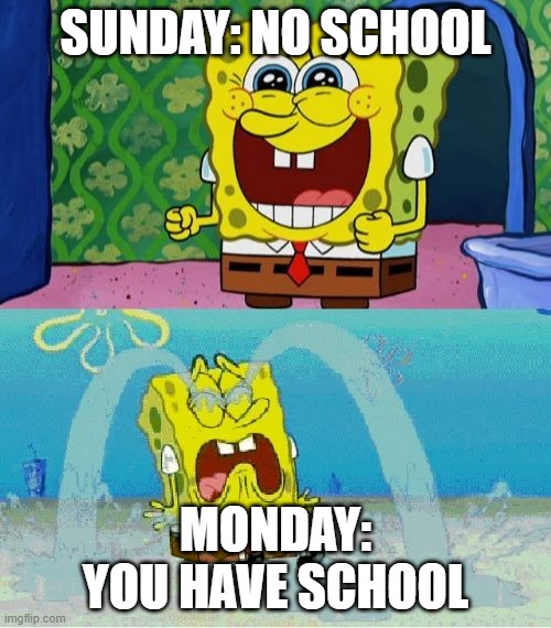 School be like: | SUNDAY: NO SCHOOL; MONDAY: YOU HAVE SCHOOL | image tagged in spongebob happy and sad | made w/ Imgflip meme maker