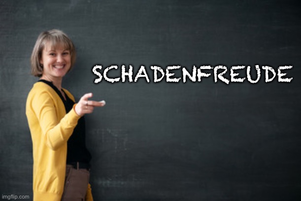 Teacher with Chalkboard | SCHADENFREUDE | image tagged in teacher with chalkboard | made w/ Imgflip meme maker