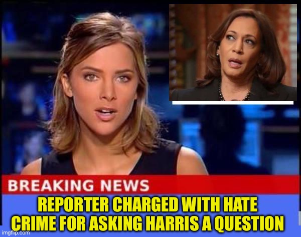 Hate Crime | REPORTER CHARGED WITH HATE CRIME FOR ASKING HARRIS A QUESTION | image tagged in breaking news | made w/ Imgflip meme maker