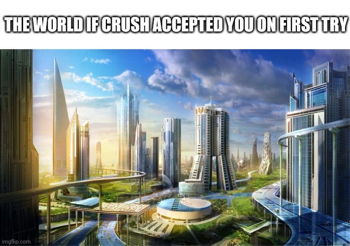 Futuristic city | THE WORLD IF CRUSH ACCEPTED YOU ON FIRST TRY | image tagged in futuristic city | made w/ Imgflip meme maker