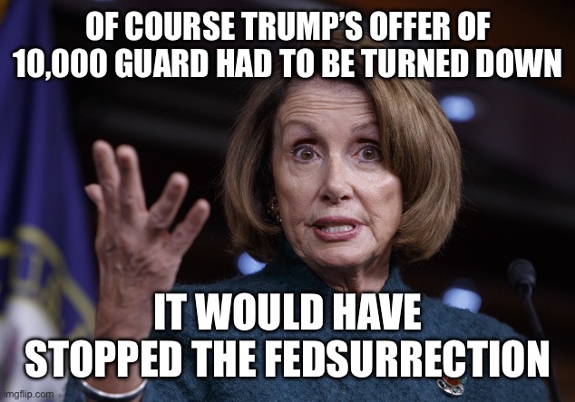 Good old Nancy Pelosi | OF COURSE TRUMP’S OFFER OF 10,000 GUARD HAD TO BE TURNED DOWN IT WOULD HAVE STOPPED THE FEDSURRECTION | image tagged in good old nancy pelosi | made w/ Imgflip meme maker