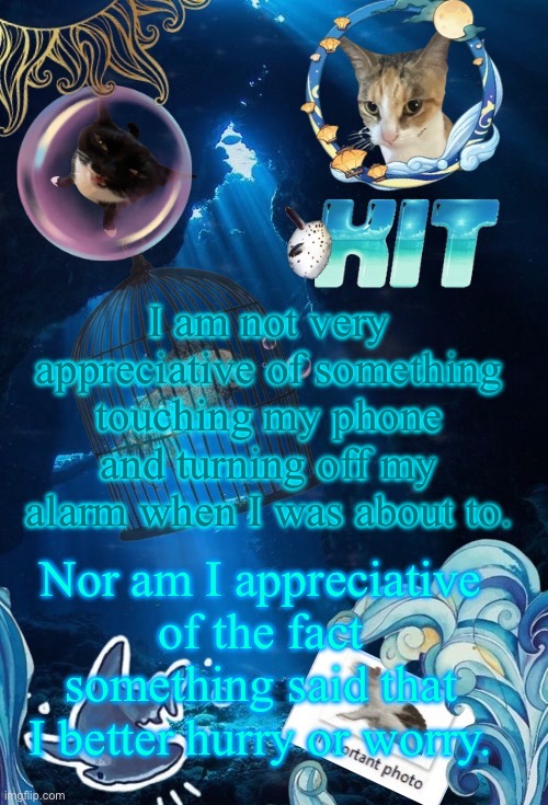 silly announcement template by asriel | I am not very appreciative of something touching my phone and turning off my alarm when I was about to. Nor am I appreciative of the fact something said that I better hurry or worry. | image tagged in silly announcement template by asriel | made w/ Imgflip meme maker