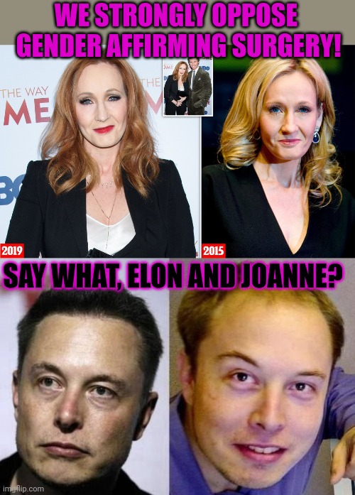 Many celebrities got gender affirming surgery | WE STRONGLY OPPOSE 
GENDER AFFIRMING SURGERY! SAY WHAT, ELON AND JOANNE? | image tagged in gender equality,transphobic,elon musk,jk rowling,hypocrites | made w/ Imgflip meme maker