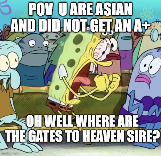 Spongebob Yelling | POV  U ARE ASIAN AND DID NOT GET AN A+; OH WELL WHERE ARE THE GATES TO HEAVEN SIRE? | image tagged in spongebob yelling | made w/ Imgflip meme maker