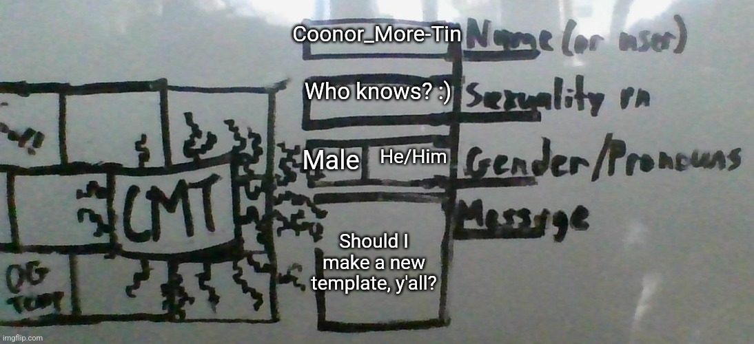 Image Title | Coonor_More-Tin; Who knows? :); He/Him; Male; Should I make a new template, y'all? | image tagged in cmt's cool template,fresh memes,new template | made w/ Imgflip meme maker