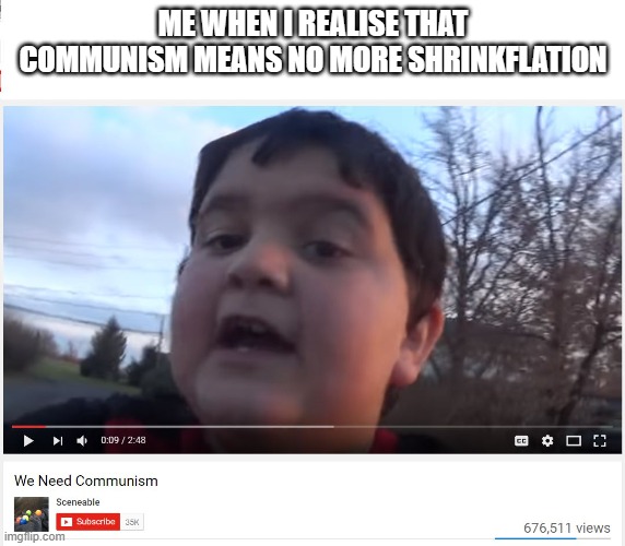 We Need Communism | ME WHEN I REALISE THAT COMMUNISM MEANS NO MORE SHRINKFLATION | image tagged in we need communism | made w/ Imgflip meme maker