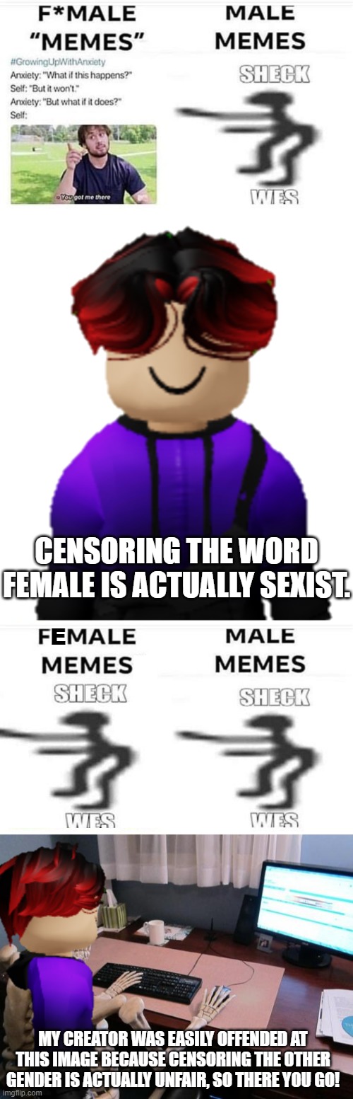 Females can also make humorous memes, right? | CENSORING THE WORD FEMALE IS ACTUALLY SEXIST. E; MY CREATOR WAS EASILY OFFENDED AT THIS IMAGE BECAUSE CENSORING THE OTHER GENDER IS ACTUALLY UNFAIR, SO THERE YOU GO! | image tagged in skeleton at computer desk,gender equality,william,memes | made w/ Imgflip meme maker