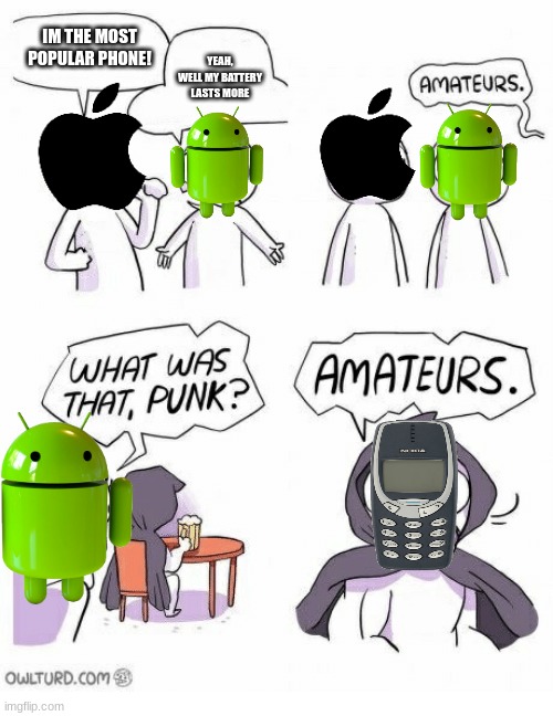 seriously, they're like tungsten | IM THE MOST POPULAR PHONE! YEAH, WELL MY BATTERY LASTS MORE | image tagged in amateurs | made w/ Imgflip meme maker