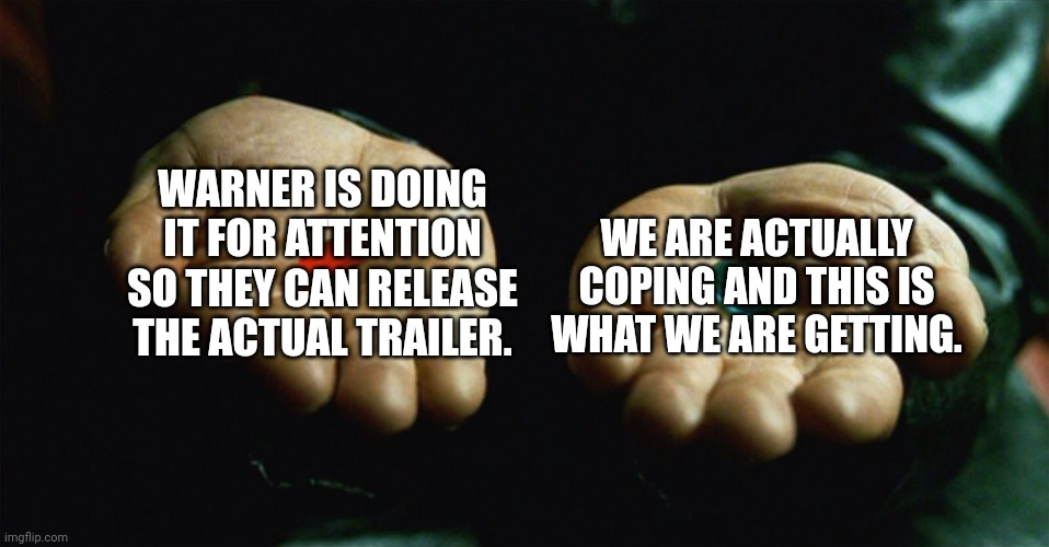 Please tell me that it's not what we're actually getting | WARNER IS DOING IT FOR ATTENTION SO THEY CAN RELEASE THE ACTUAL TRAILER. WE ARE ACTUALLY COPING AND THIS IS WHAT WE ARE GETTING. | image tagged in red pill blue pill,memes,minecraft,movie | made w/ Imgflip meme maker