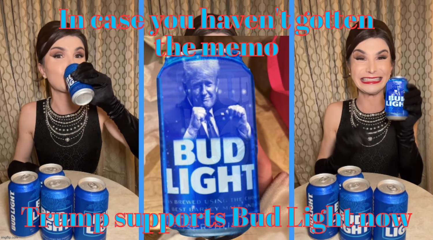 This Bud's for who? | In case you haven't gotten
the memo; Trump supports Bud Light now | image tagged in dylan mulvaney,bud light,donald trump,trump supports bud light now,this bud's for who,flip flop | made w/ Imgflip meme maker