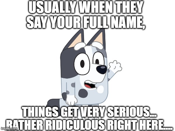 Teen and adult Bluey fans know what I'm talking about *fp lolia* | USUALLY WHEN THEY SAY YOUR FULL NAME, THINGS GET VERY SERIOUS...
RATHER RIDICULOUS RIGHT HERE.... | image tagged in bluey,funny names,bad parents | made w/ Imgflip meme maker