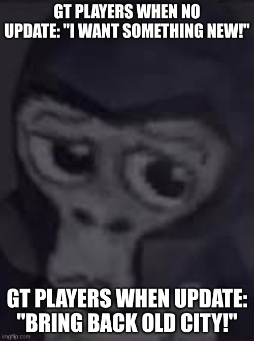 like what do you want from Lemming, bro? | GT PLAYERS WHEN NO UPDATE: "I WANT SOMETHING NEW!"; GT PLAYERS WHEN UPDATE: "BRING BACK OLD CITY!" | image tagged in no bananas | made w/ Imgflip meme maker