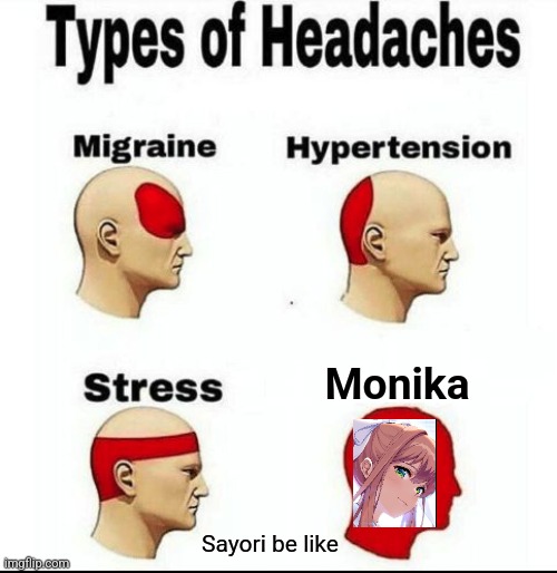 just monika | Monika; Sayori be like | image tagged in types of headaches meme,ddlc,doki doki literature club,monika,just monika,monika t-posing on sans | made w/ Imgflip meme maker