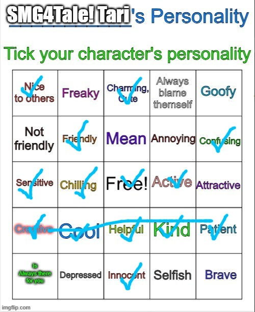 SMG4Tale! Tari's personality | SMG4Tale! Tari | image tagged in character/ocs personality bingo,smg4tale tari,smg4 | made w/ Imgflip meme maker