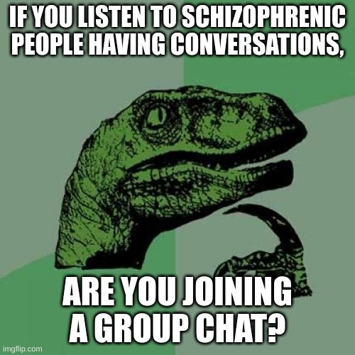 Philosoraptor Meme | IF YOU LISTEN TO SCHIZOPHRENIC PEOPLE HAVING CONVERSATIONS, ARE YOU JOINING A GROUP CHAT? | image tagged in memes,philosoraptor | made w/ Imgflip meme maker