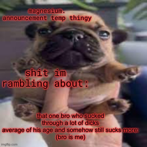 parody of a weirdly corny post | that one bro who sucked through a lot of dicks average of his age and somehow still sucks more:
(bro is me) | image tagged in pug temp | made w/ Imgflip meme maker