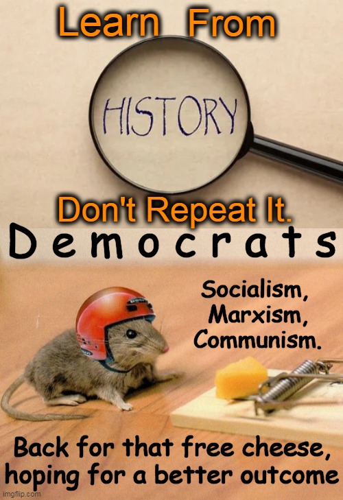 Never has worked, but let's give it another chance! | Learn; From; Don't Repeat It. D e m o c r a t s; Socialism, 
Marxism,
Communism. Back for that free cheese,
hoping for a better outcome | image tagged in history,democrats,communism socialism,marxism,mouse trap,political humor | made w/ Imgflip meme maker