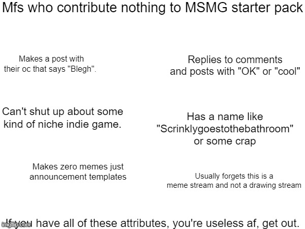 Mfs who contribute nothing to MSMG starter pack; Replies to comments and posts with "OK" or "cool"; Makes a post with their oc that says "Blegh". Can't shut up about some kind of niche indie game. Has a name like "Scrinklygoestothebathroom" or some crap; Makes zero memes just announcement templates; Usually forgets this is a meme stream and not a drawing stream; If you have all of these attributes, you're useless af, get out. | made w/ Imgflip meme maker