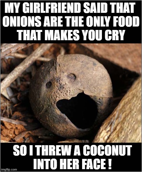 She Was Wrong ! | MY GIRLFRIEND SAID THAT 
ONIONS ARE THE ONLY FOOD
THAT MAKES YOU CRY; SO I THREW A COCONUT
INTO HER FACE ! | image tagged in girlfriend,onions,coconuts,crying,dark humour | made w/ Imgflip meme maker