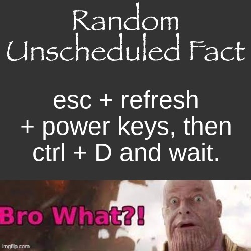 chrobook factory reset | esc + refresh + power keys, then ctrl + D and wait. | image tagged in random unscheduled fact | made w/ Imgflip meme maker