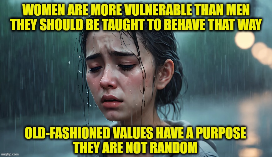 Women are not men | WOMEN ARE MORE VULNERABLE THAN MEN
THEY SHOULD BE TAUGHT TO BEHAVE THAT WAY; OLD-FASHIONED VALUES HAVE A PURPOSE
THEY ARE NOT RANDOM | image tagged in women rights | made w/ Imgflip meme maker