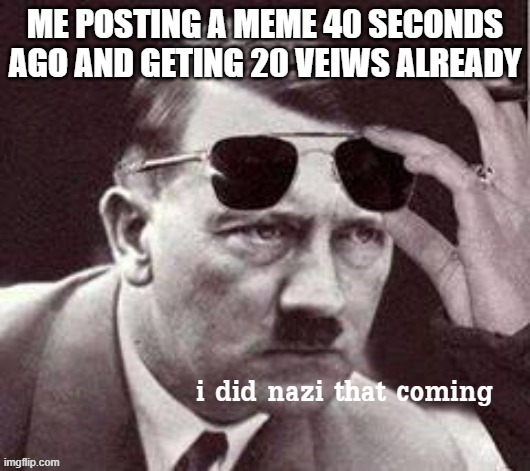 thanks for the support | ME POSTING A MEME 40 SECONDS AGO AND GETING 20 VEIWS ALREADY | image tagged in hitler i did nazi that coming | made w/ Imgflip meme maker