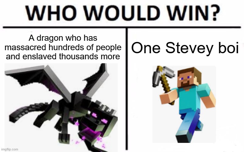 WHO WOULD WIN? | A dragon who has massacred hundreds of people and enslaved thousands more; One Stevey boi | image tagged in memes,who would win | made w/ Imgflip meme maker