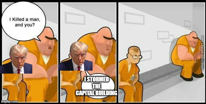 Why did he not go to jail for this | I STORMED THE CAPITAL BUILDING | image tagged in prisoners blank | made w/ Imgflip meme maker