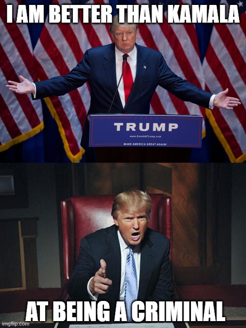 FELON DON | I AM BETTER THAN KAMALA; AT BEING A CRIMINAL | image tagged in donald trump,donald trump you're fired | made w/ Imgflip meme maker