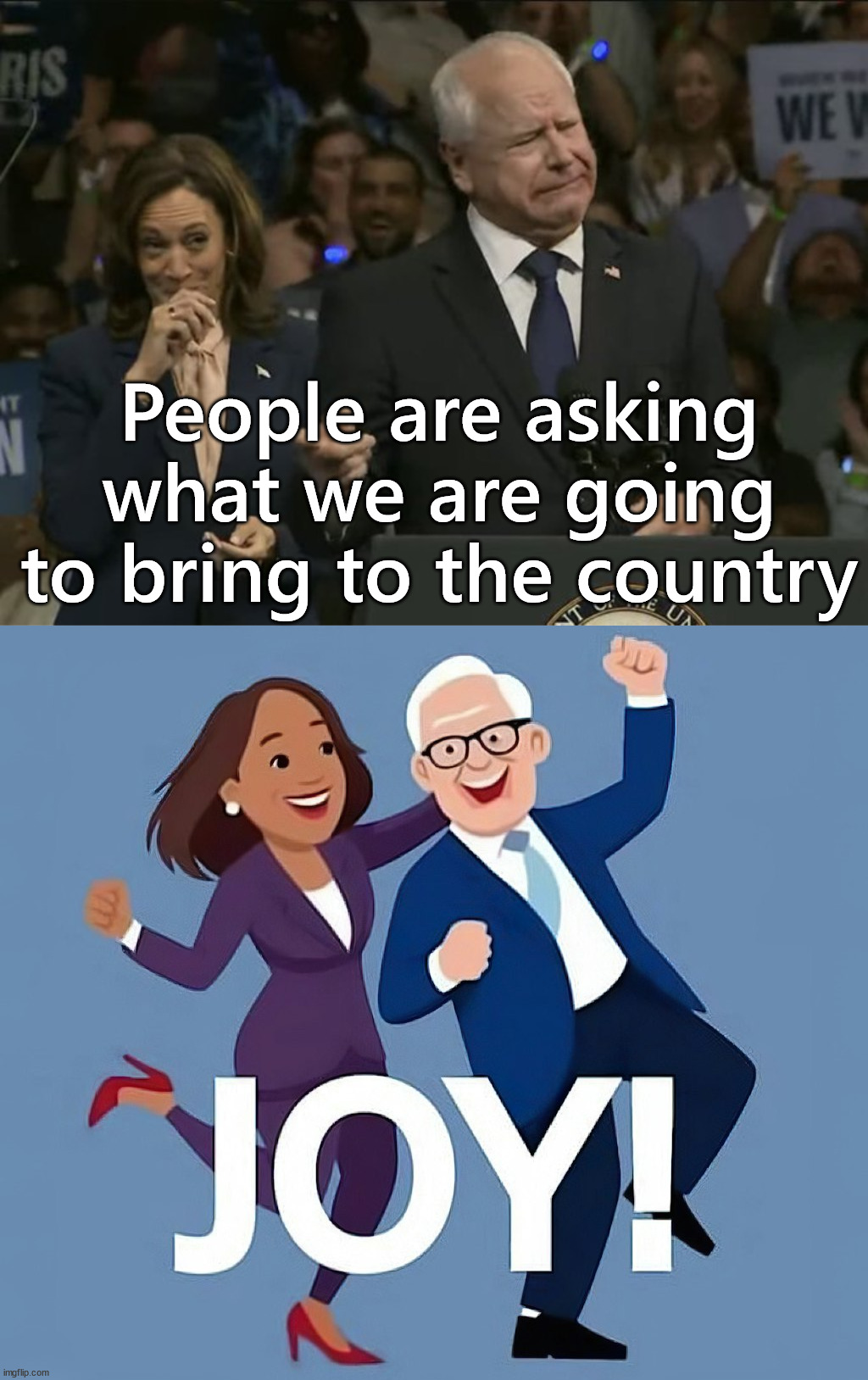 We need more than Joy people, look at the prices | People are asking what we are going to bring to the country | image tagged in walz harris couch joke reaction | made w/ Imgflip meme maker