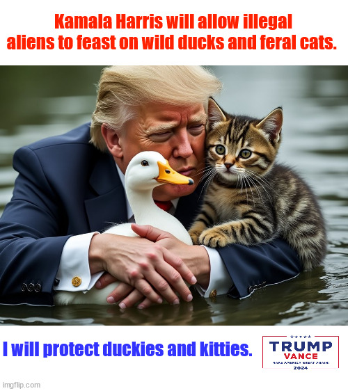 Elections Matter | Kamala Harris will allow illegal aliens to feast on wild ducks and feral cats. I will protect duckies and kitties. | image tagged in donald trump | made w/ Imgflip meme maker