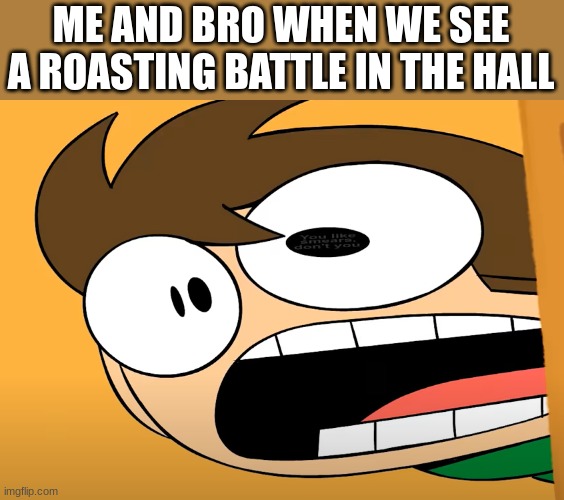 something better than a school fight | ME AND BRO WHEN WE SEE A ROASTING BATTLE IN THE HALL | image tagged in when something happens | made w/ Imgflip meme maker