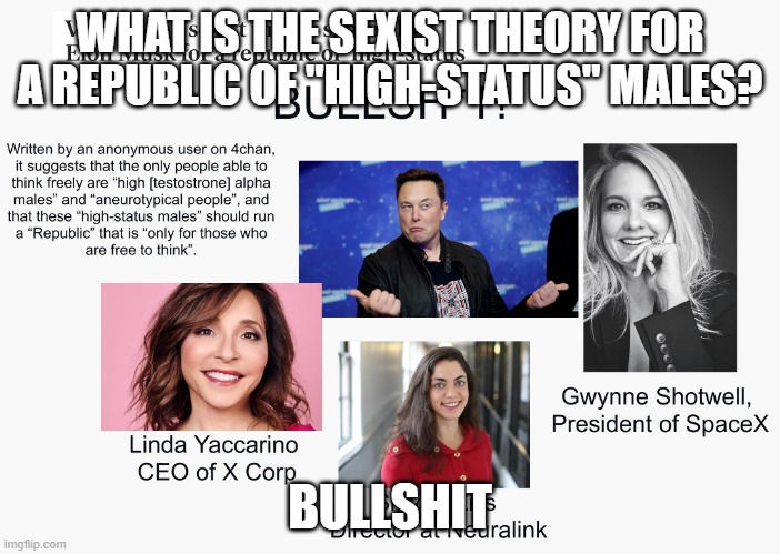 Elon Musk and high T males | WHAT IS THE SEXIST THEORY FOR A REPUBLIC OF "HIGH-STATUS" MALES? BULLSHIT | image tagged in elon musk high t males | made w/ Imgflip meme maker