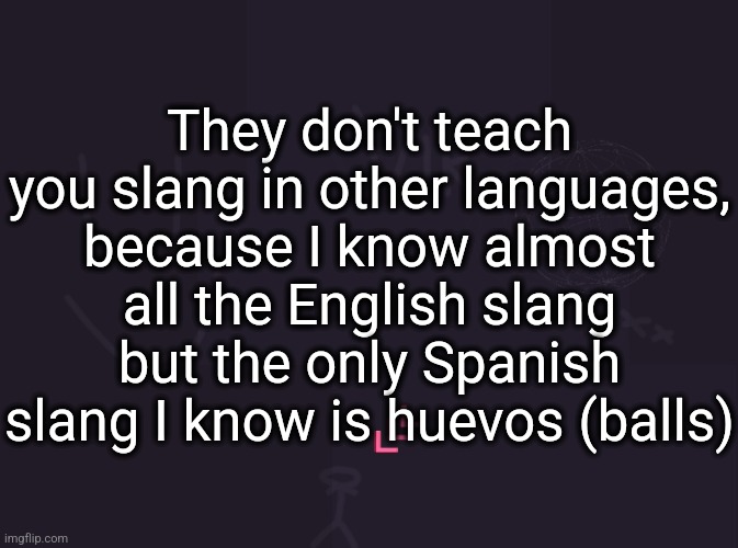 Translation, ven aqui, mami, ese culo Tu quieres cojer mis huevos, y papi me desespero Chuparse puto pendejo, el pinche cabron | They don't teach you slang in other languages, because I know almost all the English slang but the only Spanish slang I know is huevos (balls) | image tagged in vik's image | made w/ Imgflip meme maker