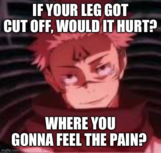 How you gonna feel the pain if yo leg is gone bruh | IF YOUR LEG GOT CUT OFF, WOULD IT HURT? WHERE YOU GONNA FEEL THE PAIN? | image tagged in sukuna looking | made w/ Imgflip meme maker