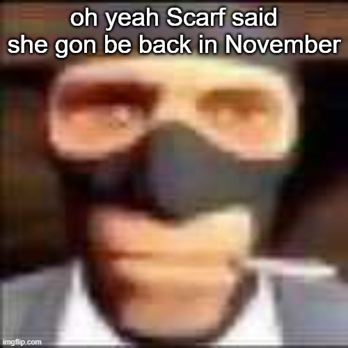 spi | oh yeah Scarf said she gon be back in November | image tagged in spi | made w/ Imgflip meme maker