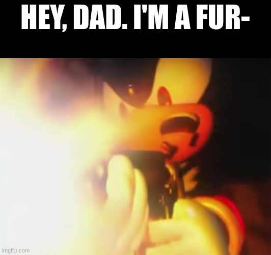 I got this image from Death Battle, btw. | HEY, DAD. I'M A FUR- | image tagged in shadow the hedgehog,funny,gun | made w/ Imgflip meme maker